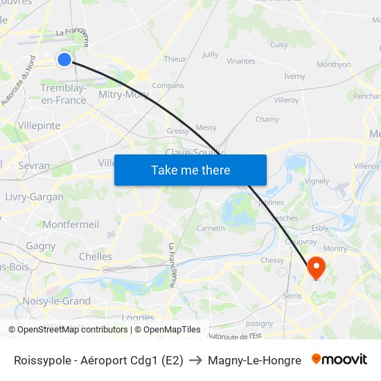 Roissypole - Aéroport Cdg1 (E2) to Magny-Le-Hongre map