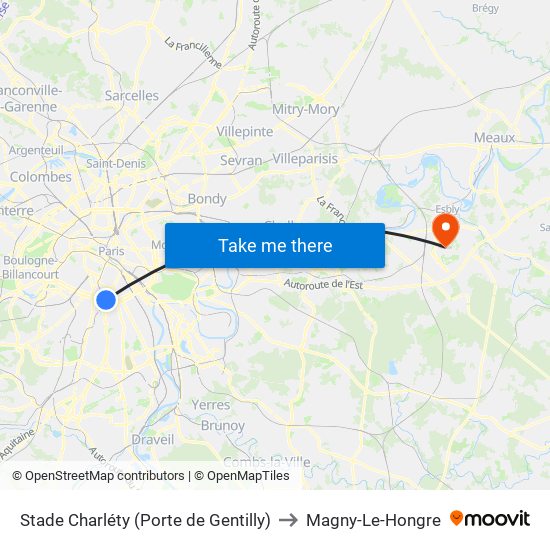Stade Charléty (Porte de Gentilly) to Magny-Le-Hongre map