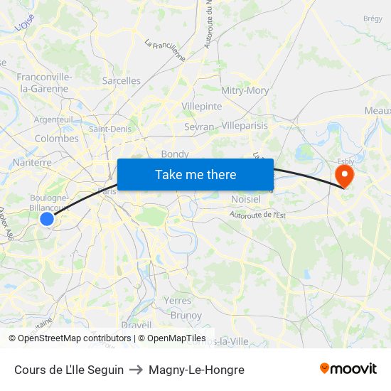 Cours de L'Ile Seguin to Magny-Le-Hongre map