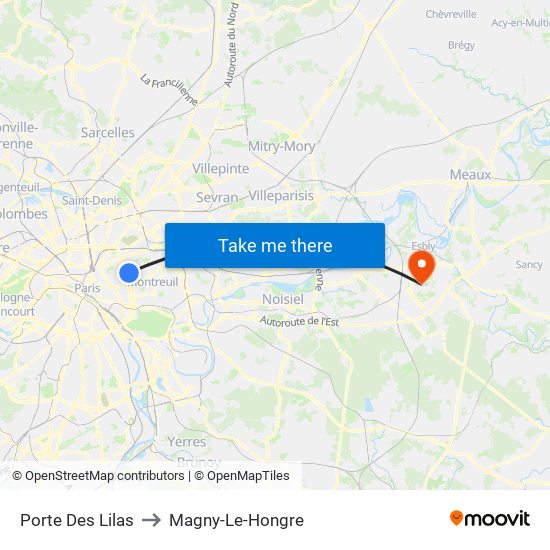 Porte Des Lilas to Magny-Le-Hongre map