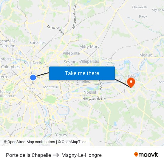 Porte de la Chapelle to Magny-Le-Hongre map