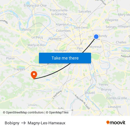 Bobigny to Magny-Les-Hameaux map