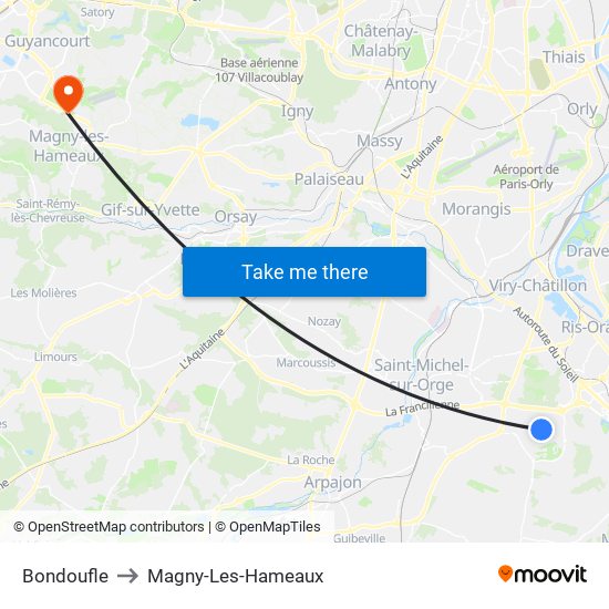 Bondoufle to Magny-Les-Hameaux map