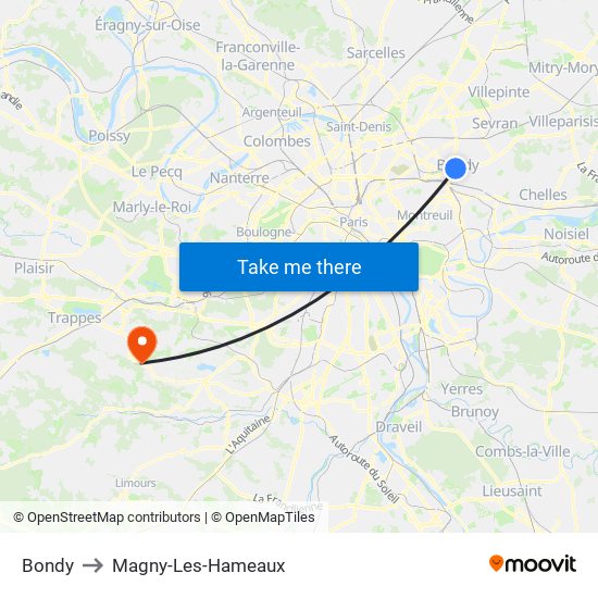 Bondy to Magny-Les-Hameaux map