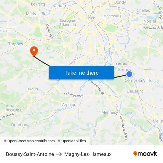 Boussy-Saint-Antoine to Magny-Les-Hameaux map
