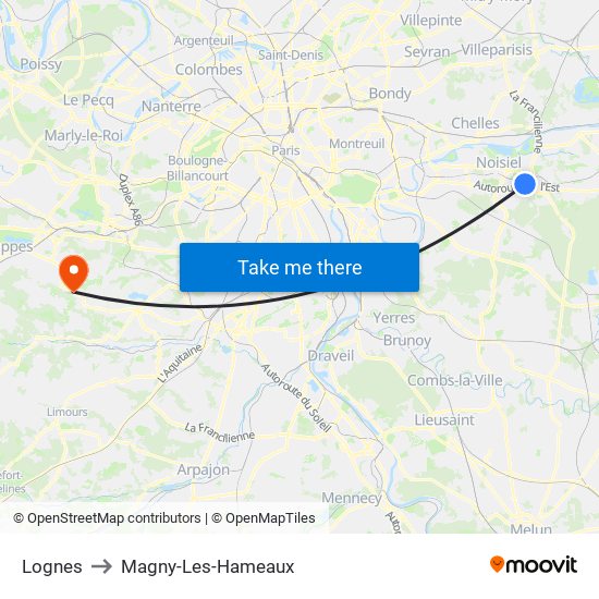 Lognes to Magny-Les-Hameaux map