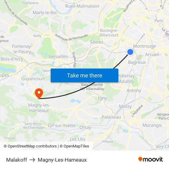 Malakoff to Magny-Les-Hameaux map