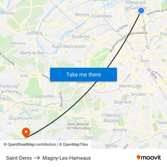 Saint-Denis to Magny-Les-Hameaux map