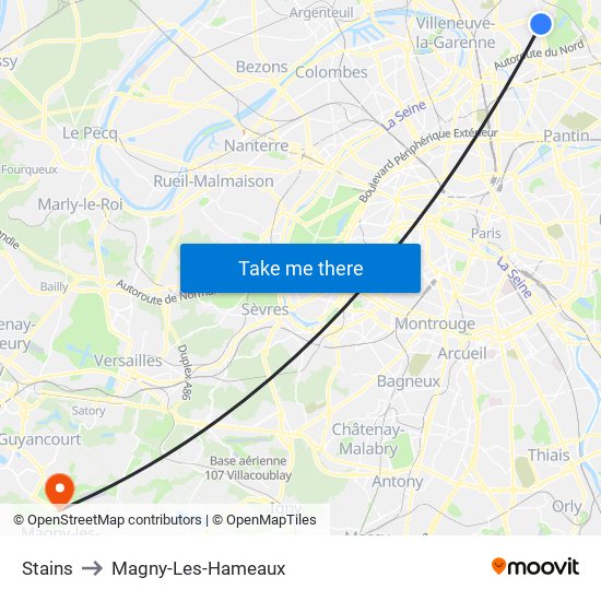 Stains to Magny-Les-Hameaux map