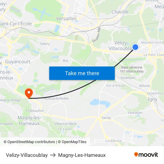 Velizy-Villacoublay to Magny-Les-Hameaux map
