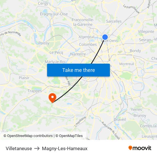 Villetaneuse to Magny-Les-Hameaux map