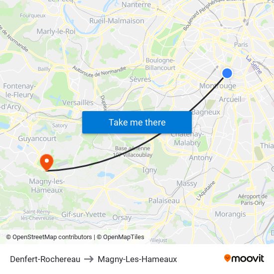 Denfert-Rochereau to Magny-Les-Hameaux map