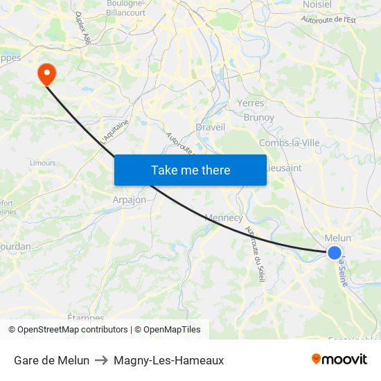 Gare de Melun to Magny-Les-Hameaux map