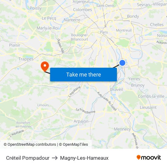 Créteil Pompadour to Magny-Les-Hameaux map