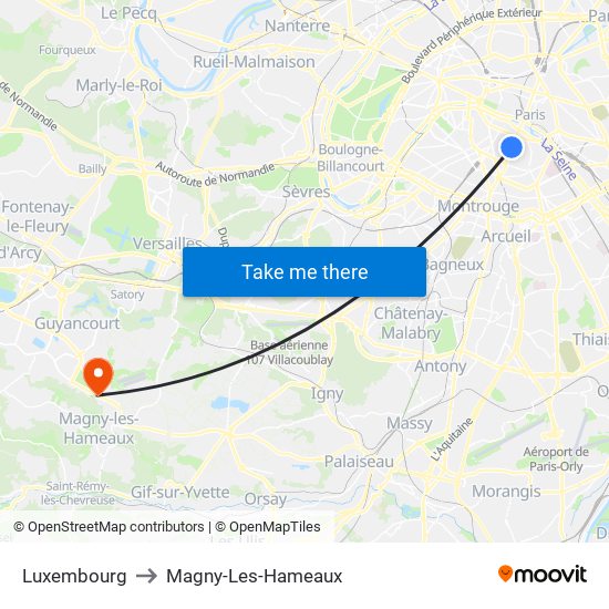 Luxembourg to Magny-Les-Hameaux map
