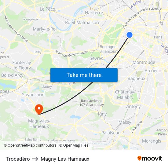 Trocadéro to Magny-Les-Hameaux map