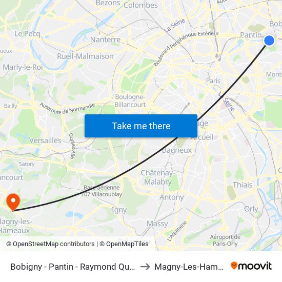 Bobigny - Pantin - Raymond Queneau to Magny-Les-Hameaux map