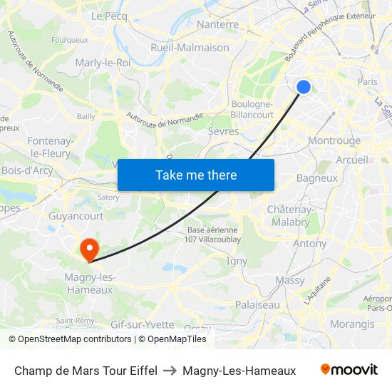 Champ de Mars Tour Eiffel to Magny-Les-Hameaux map