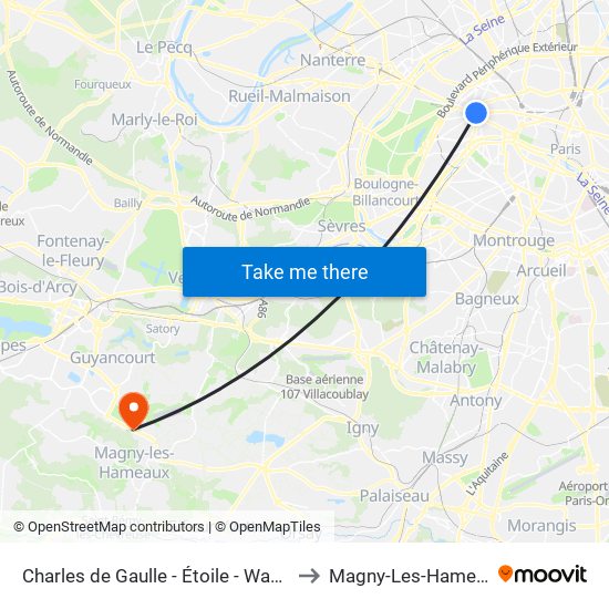 Charles de Gaulle - Étoile - Wagram to Magny-Les-Hameaux map