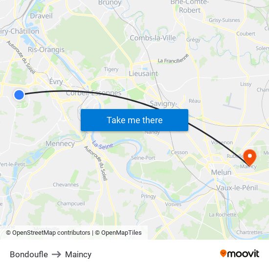 Bondoufle to Maincy map