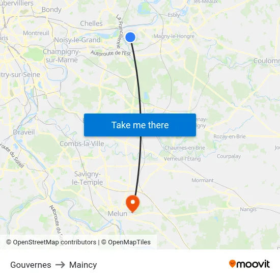 Gouvernes to Maincy map