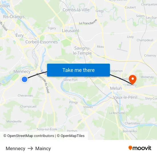 Mennecy to Maincy map