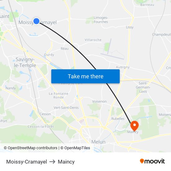 Moissy-Cramayel to Maincy map