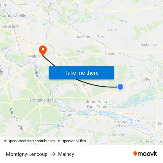 Montigny-Lencoup to Maincy map