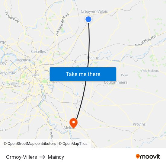 Ormoy-Villers to Maincy map