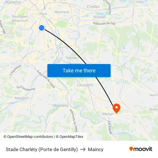 Stade Charléty (Porte de Gentilly) to Maincy map