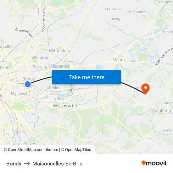Bondy to Maisoncelles-En-Brie map