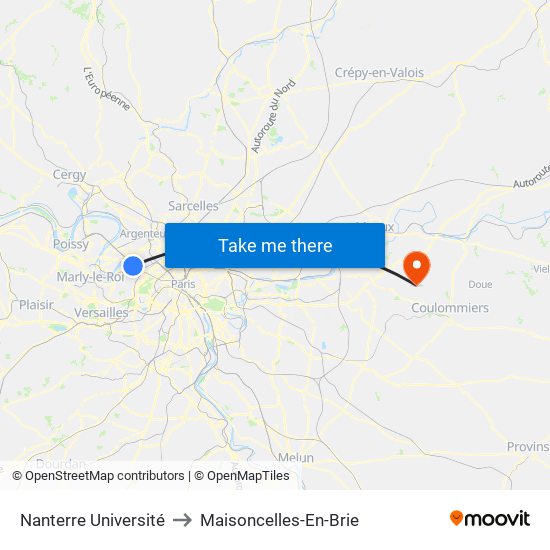 Nanterre Université to Maisoncelles-En-Brie map