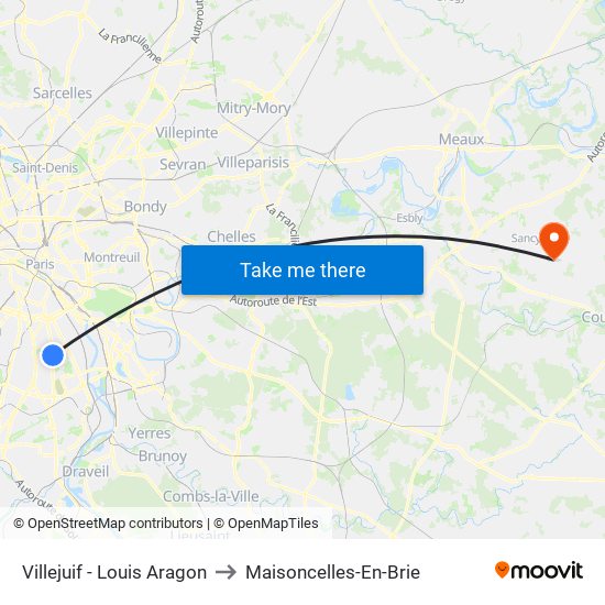 Villejuif - Louis Aragon to Maisoncelles-En-Brie map