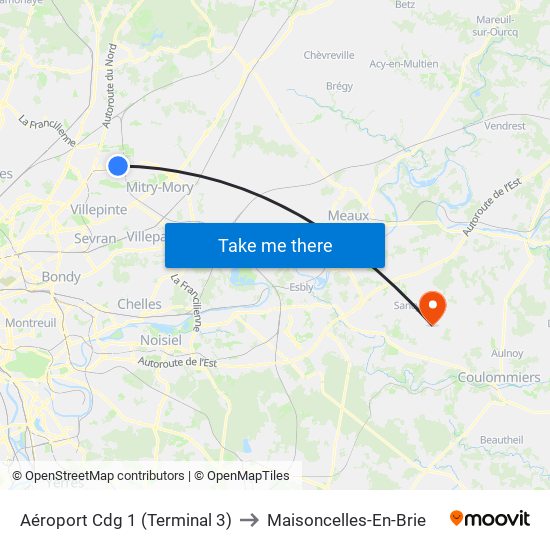 Aéroport Cdg 1 (Terminal 3) to Maisoncelles-En-Brie map