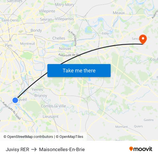 Juvisy RER to Maisoncelles-En-Brie map