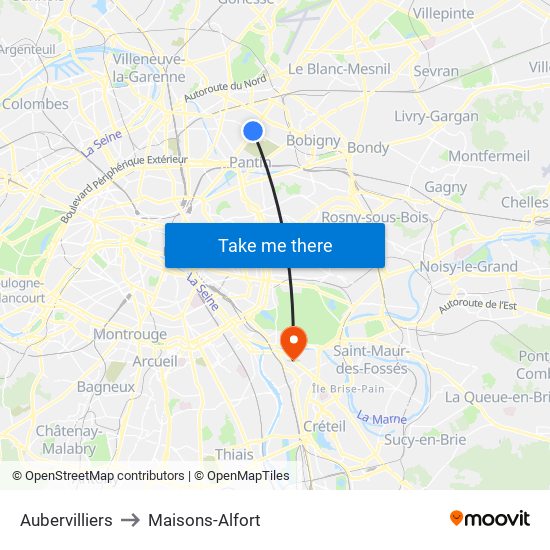 Aubervilliers to Maisons-Alfort map