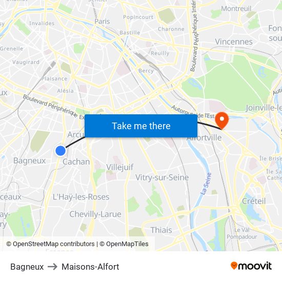 Bagneux to Maisons-Alfort map