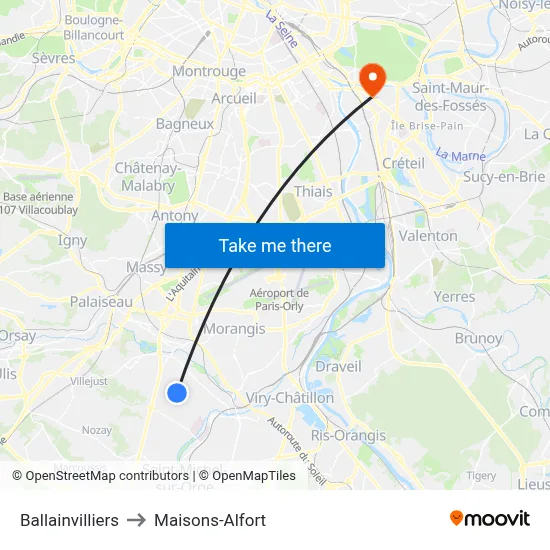 Ballainvilliers to Maisons-Alfort map