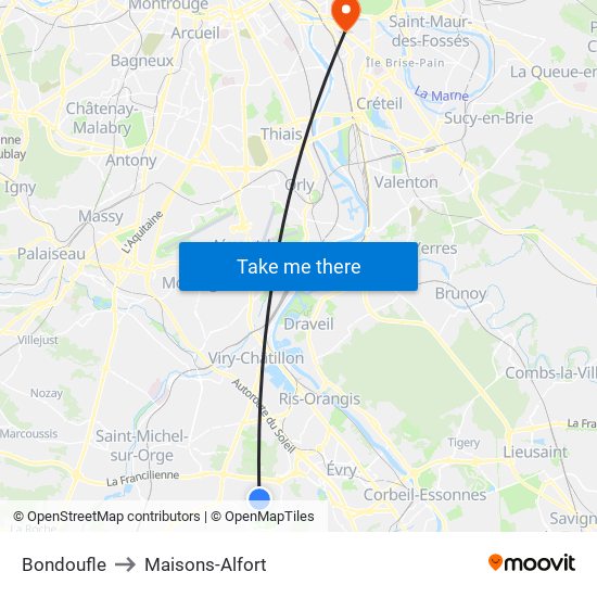 Bondoufle to Maisons-Alfort map