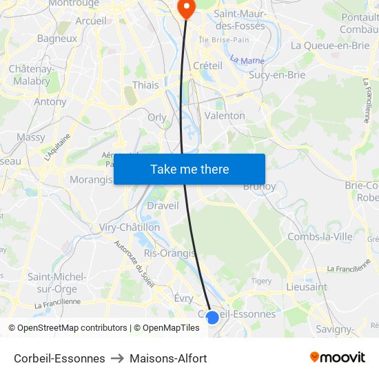 Corbeil-Essonnes to Maisons-Alfort map