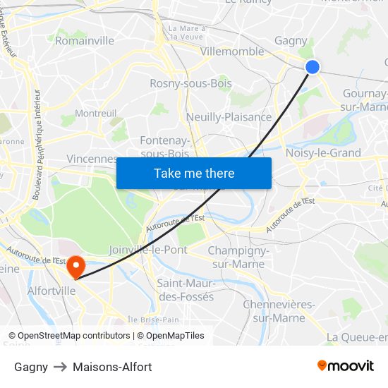 Gagny to Maisons-Alfort map