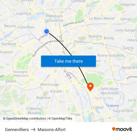 Gennevilliers to Maisons-Alfort map