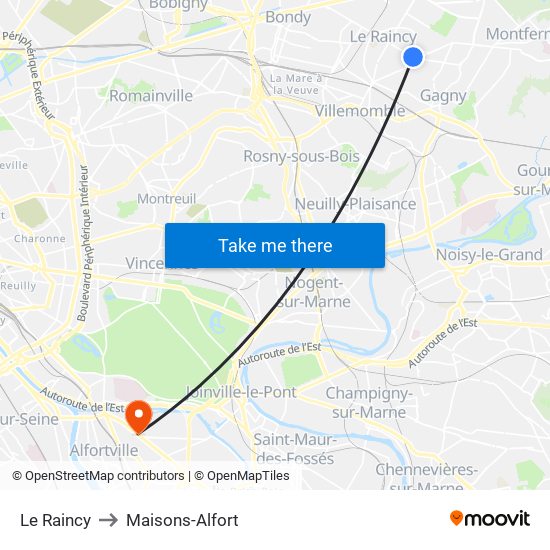 Le Raincy to Maisons-Alfort map