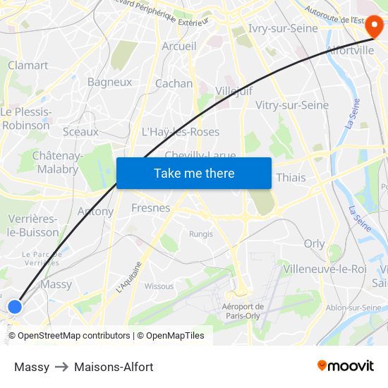 Massy to Maisons-Alfort map