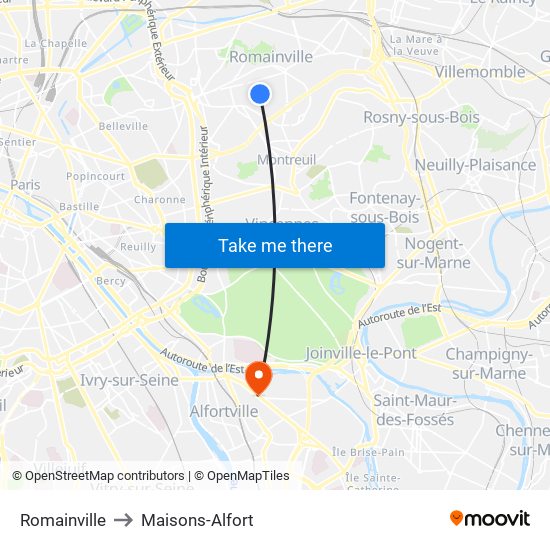 Romainville to Maisons-Alfort map