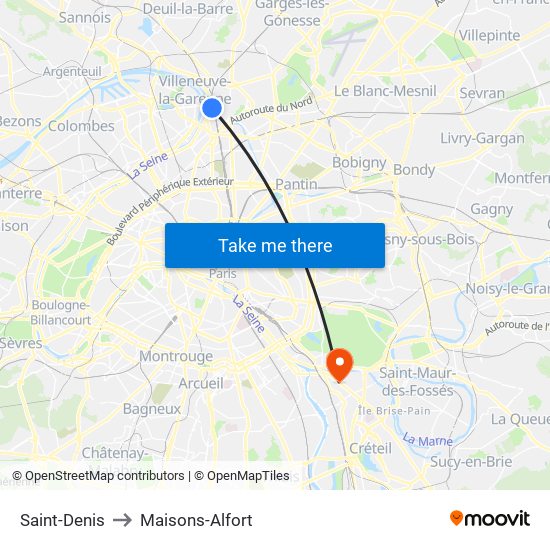 Saint-Denis to Maisons-Alfort map