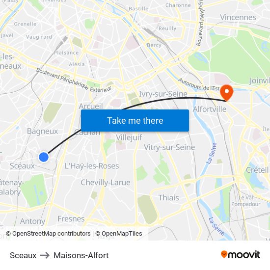 Sceaux to Maisons-Alfort map