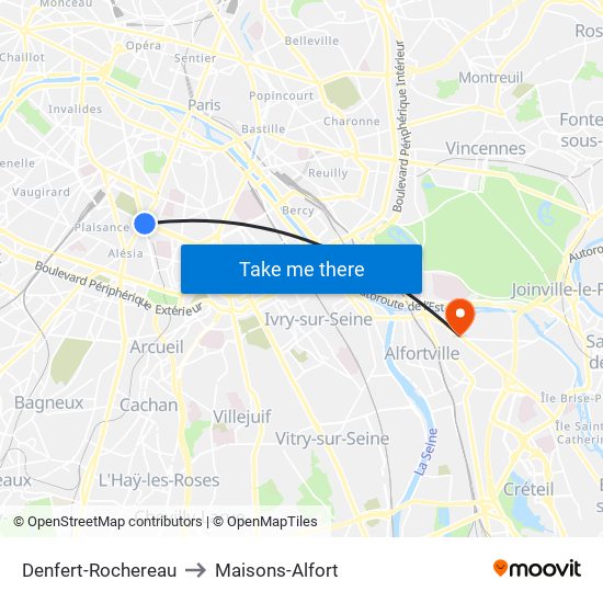 Denfert-Rochereau to Maisons-Alfort map