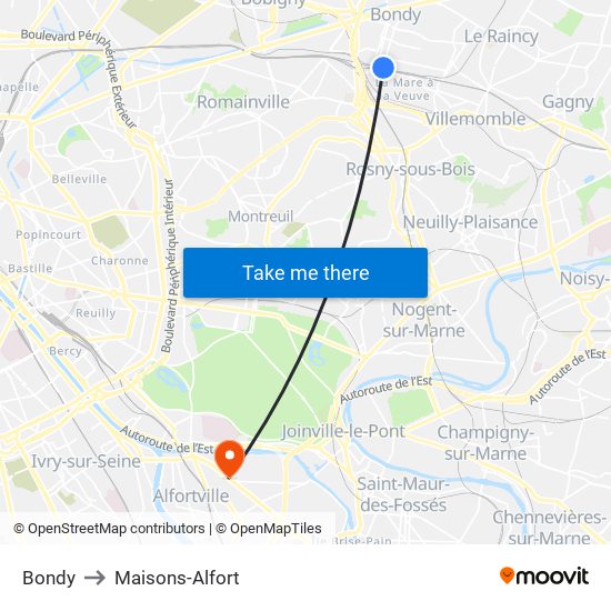Bondy to Maisons-Alfort map