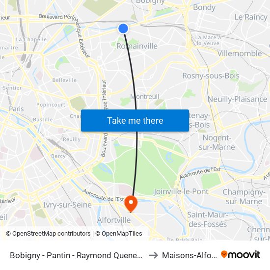 Bobigny - Pantin - Raymond Queneau to Maisons-Alfort map